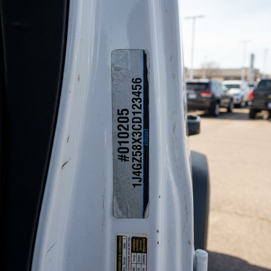 Close up photo of used Jeep VIN label on driver door jamb with blurred dealership lot in background, jeep car dealer near me