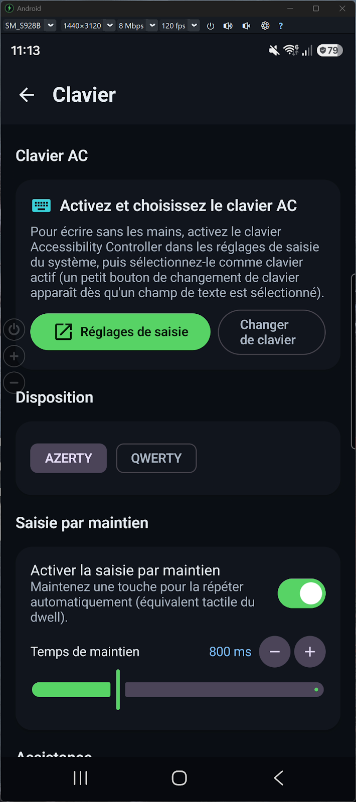 Accessibility Controller Android - clavier AC AZERTY/QWERTY avec saisie par maintien (dwell)