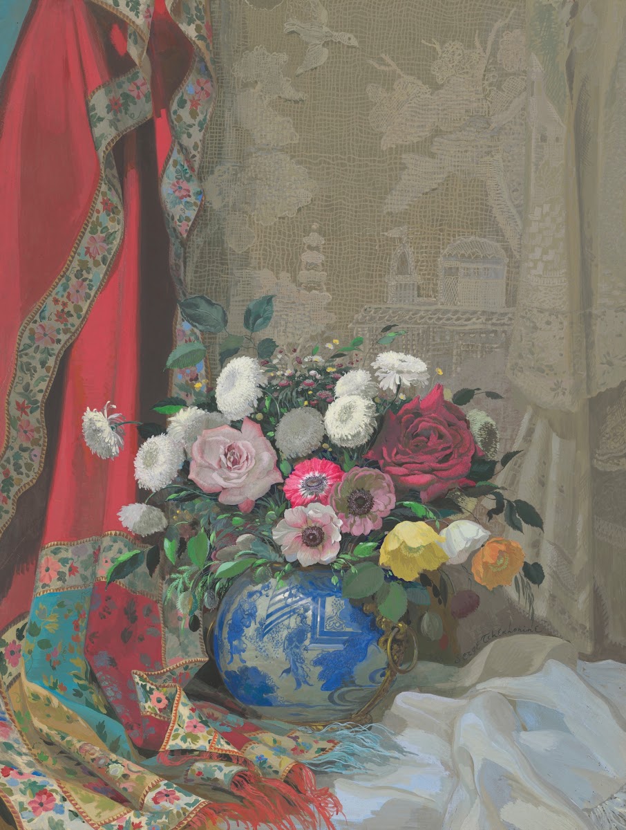Still life with roses anemones and chrysanthemums in a Chinese vase 1931