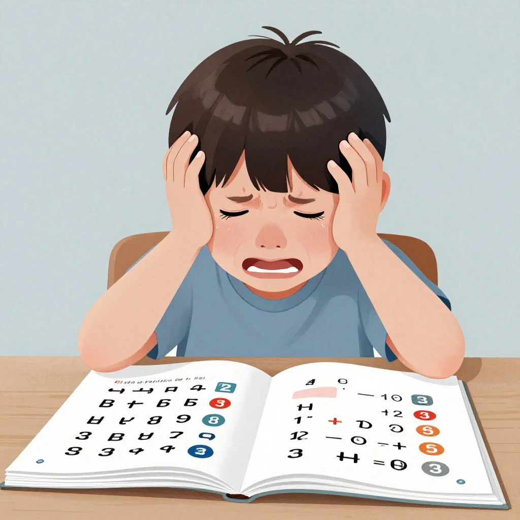 수학 문제집 앞에서 힘들어하는 초등학생의 모습