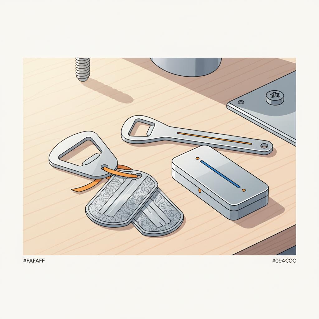 Nahaufnahme personalisierter Metallgeschenke auf Holztisch als geschenkideen für vater, gravierte Dog‑Tags, Flaschenöffner und kleines Etui in warmem, industriellem Look