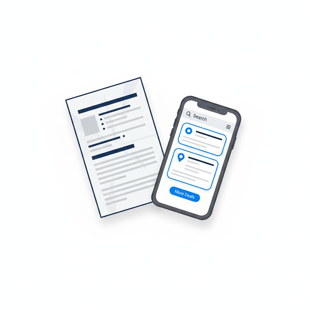 Minimalist 2D vector of a vehicle history report beside a smartphone showing simplified local search listings representing bmw for sale near me using CarFax Deals blue and dark stroke colors