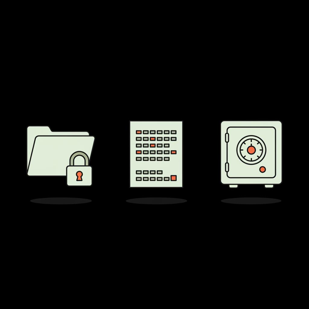 Minimal flat vector infographic of a secure folder, backup codes sheet, and password manager vault on black background to illustrate how to recover old Gmail account