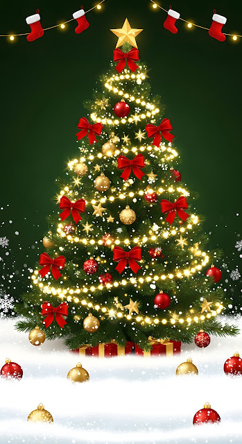 Glowing Christmas Tree Red Bows Snowy Festive Scene - Free mobile Wallpaper