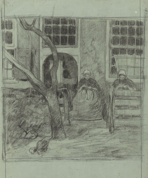 Twee handwerkende vrouwen voor een huis 1874   1925