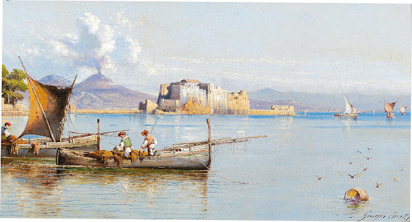 Fishermen in the Gulf of Naples Vesuvius in the background