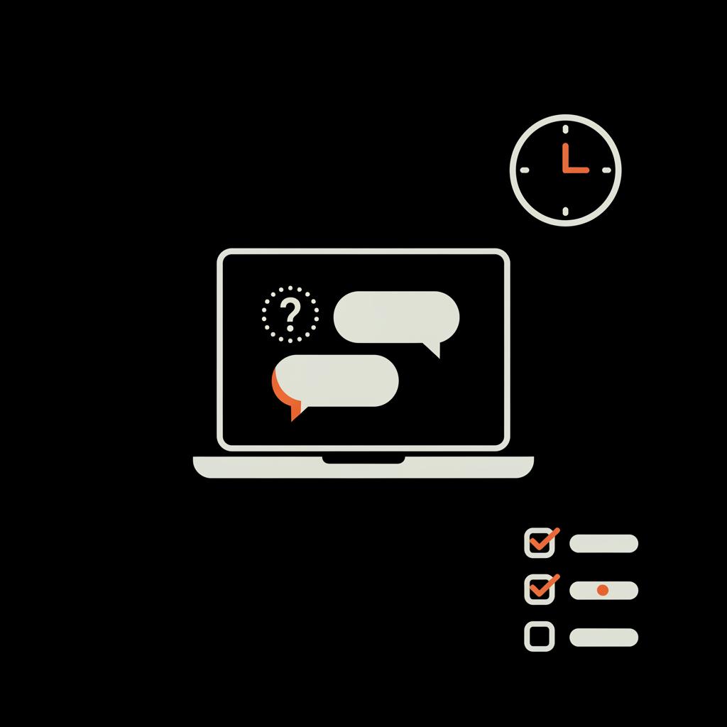 Minimal 2D vector illustration of a laptop with help chat, clock, and checklist on black background representing Google support hours