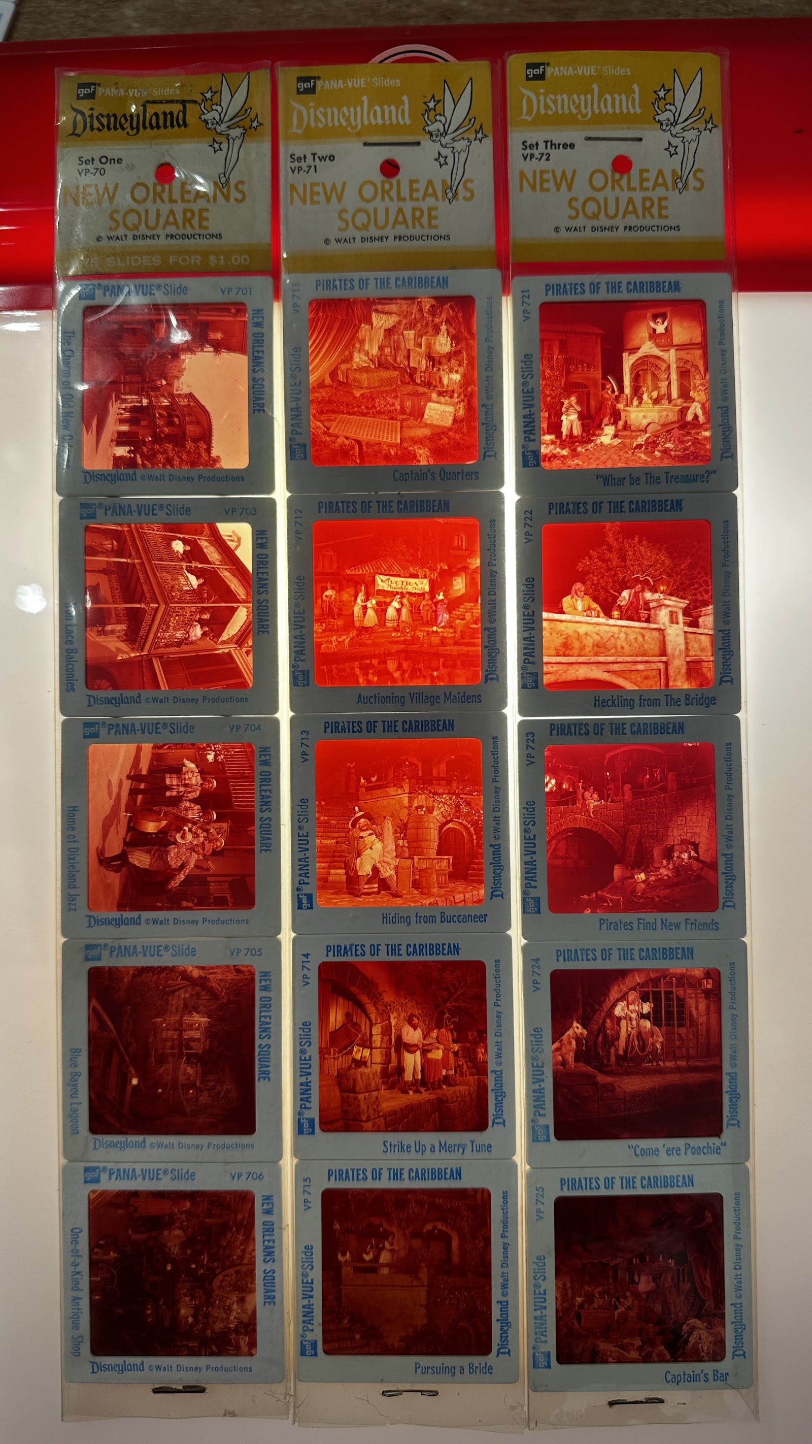 GAF Pana-Vue VP-71 Set Two, five 35mm slides depicting Pirates of the Caribbean scenes including the auction and bride pursuit
