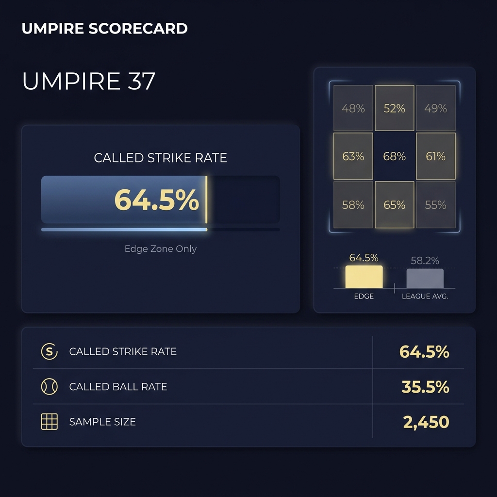 Screenshot style Umpire Scorecards dashboard showing edge called strike rate and zone breakdown for a single official How Umpire Tendencies Affect MLB Totals