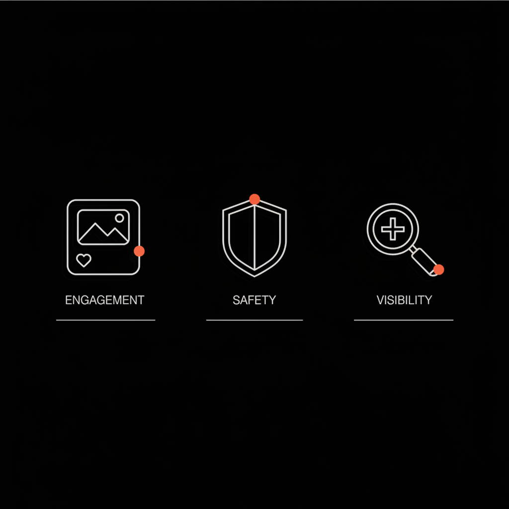 Minimal full-frame vector infographic showing an Instagram-style post icon, a shield for security, and a magnifying glass for discovery on a black background in Social Success Hub colors — instagram shadowban