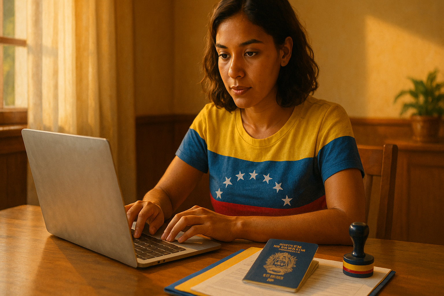 venezolano revisando requisitos de apostilla en Venezuela en laptop con documentos