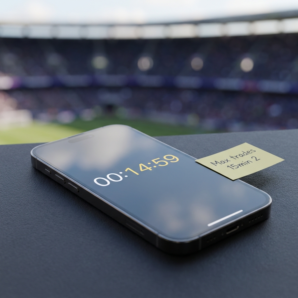 Close up of smartphone timer and sticky note checklist reading Max trades 15min 2 against a blurred stadium background illustrating How to Avoid Overtrading During Games