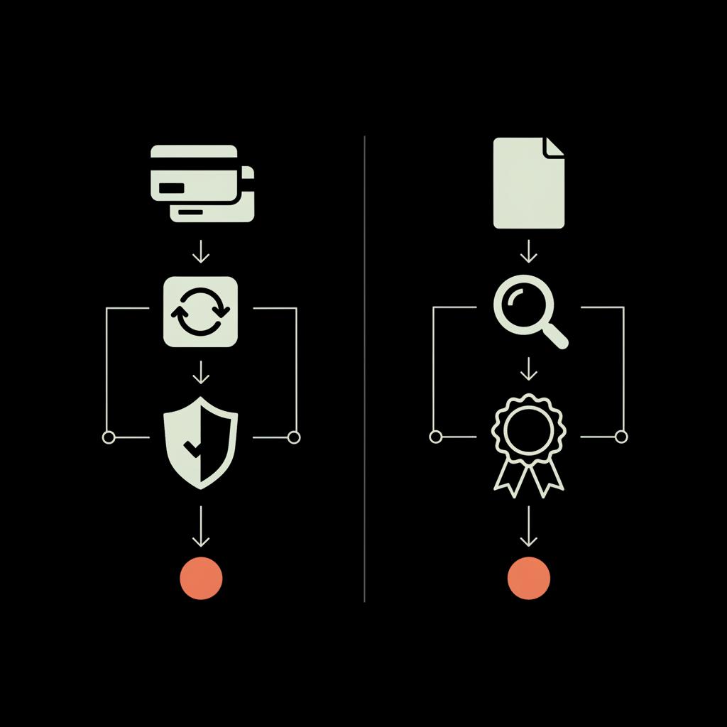 Minimal two-column vector infographic comparing Meta Verified subscription and editorial verification paths for Instagram blue check with icons, arrows and orange accents on black background.