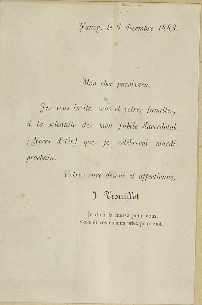 Feuillet d'invitation du jubilé sacerdotal — verso