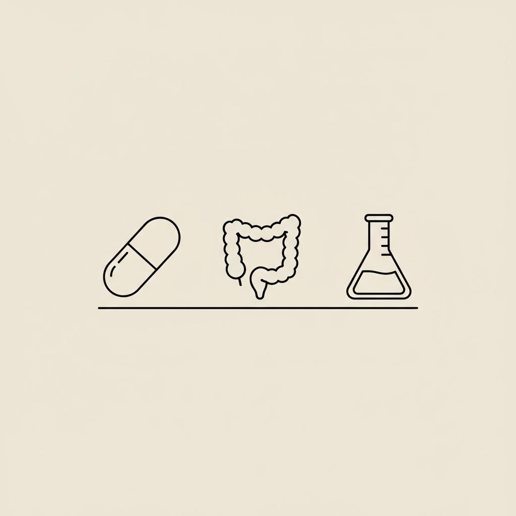 Minimal Tonum-style 2D vector line illustration of a capsule, simplified gut outline, and lab beaker on beige background representing the healthiest probiotic.