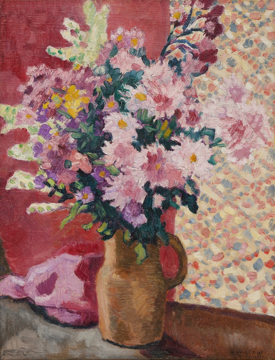 Fleurs roses au pichet en terre 1933