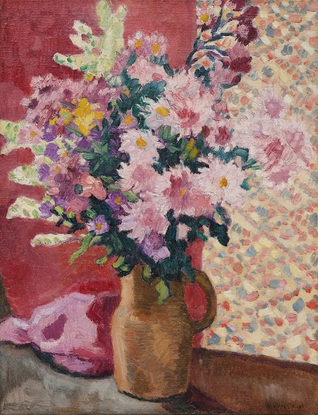 Fleurs roses au pichet en terre 1933