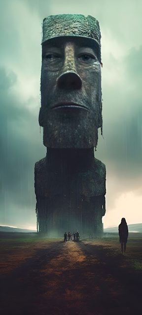 Colossal Ancient Stone Statue Over Misty Desolate Landscape - Free mobile Wallpaper