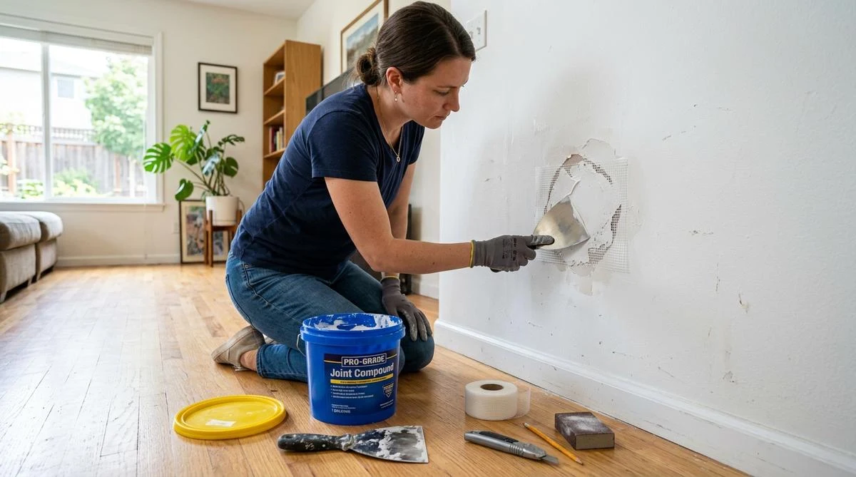 How to patch a hole in drywall yourself — woman applying joint compound with putty knife over drywall mesh patch
