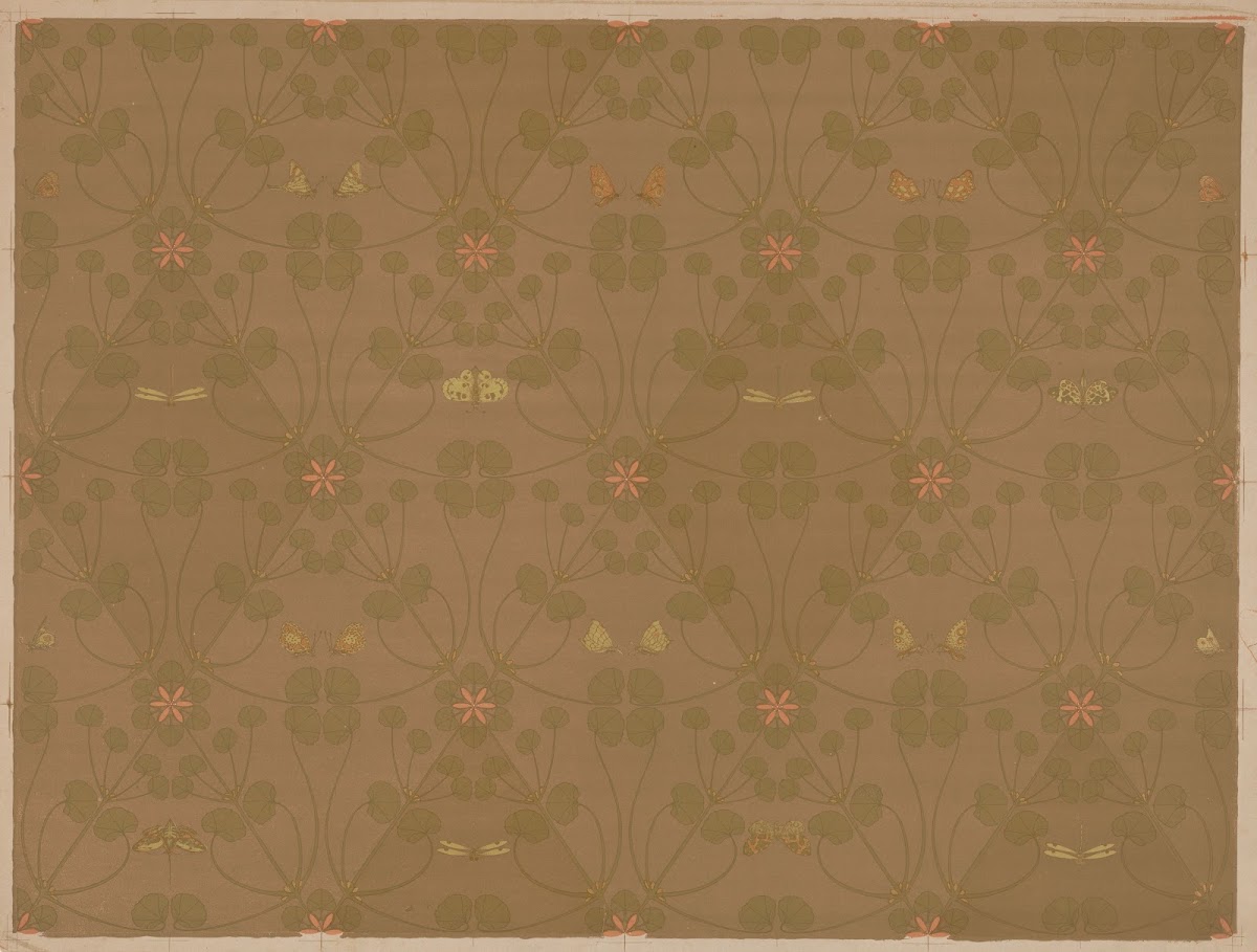 Behangpapier met kleine bladeren vlinders en libellen 1876   1951
