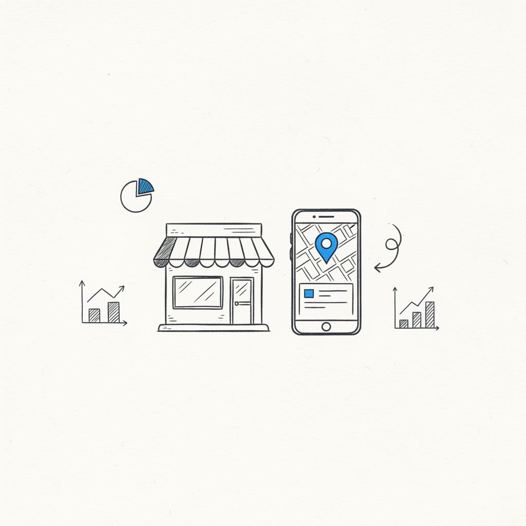 Minimalist sketch of a storefront and smartphone displaying a map pin and simplified listing card, hand-drawn in charcoal with #1a5bfb accent, illustrating local discovery and Yelp advertising cost.