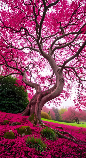 Curving Tree with Hot Pink Blossoms and Petal Carpet - Free mobile Wallpaper