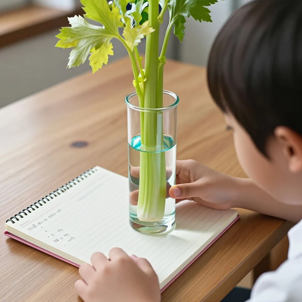 셀러리 색소 흡수 실험을 관찰하며 관찰 일지를 작성하는 초등학생