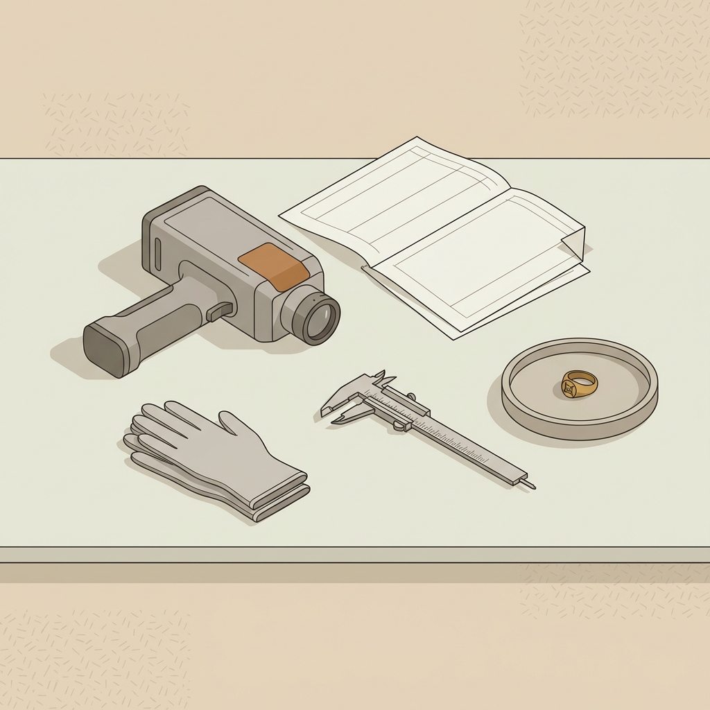 Conservator desk vector showing portable XRF catalog sheet gloves calipers and a roman gold ring on a tray in minimalist Aurora Antiqua palette ede7da c2bdb6 34332e ae8339