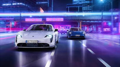 Porsche, Porsche Taycan, Street, Night, City Lights 4K Wallpaper Background