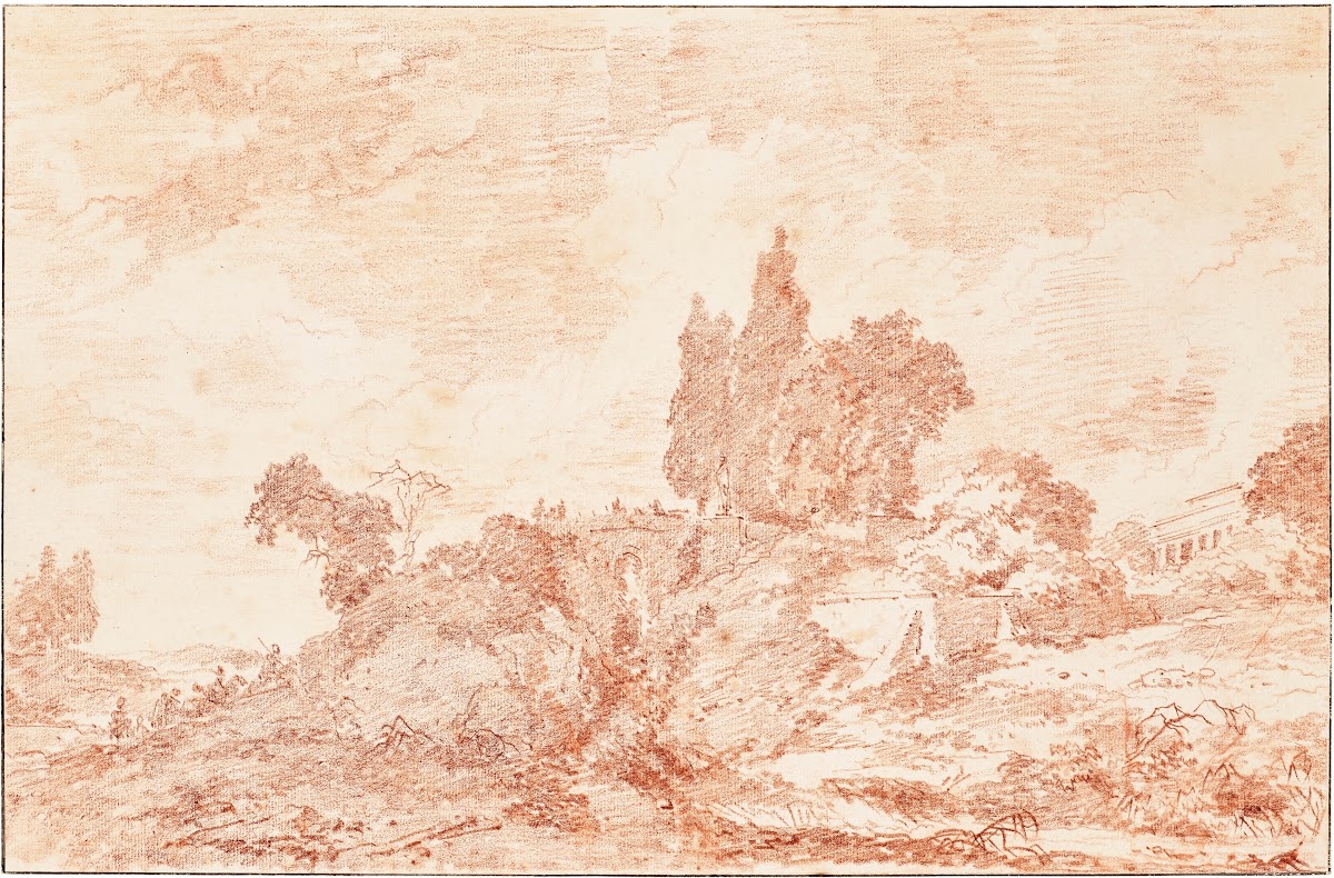 A wooded landscape with a distant villa