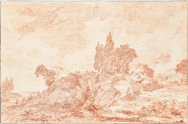 A wooded landscape with a distant villa