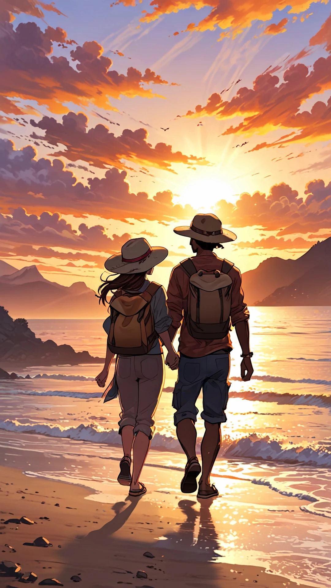 Anime Couple Hiking Beach Sunset Illustration - Free 4K mobile Wallpaper