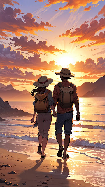 Anime Couple Hiking Beach Sunset Illustration - Free mobile Wallpaper