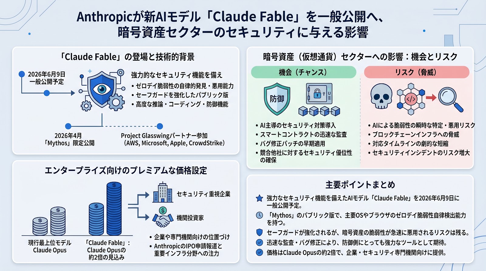 Anthropicが新AIモデル「Claude Fable」を一般公開へ、暗号資産セクターのセキュリティに与える影響
