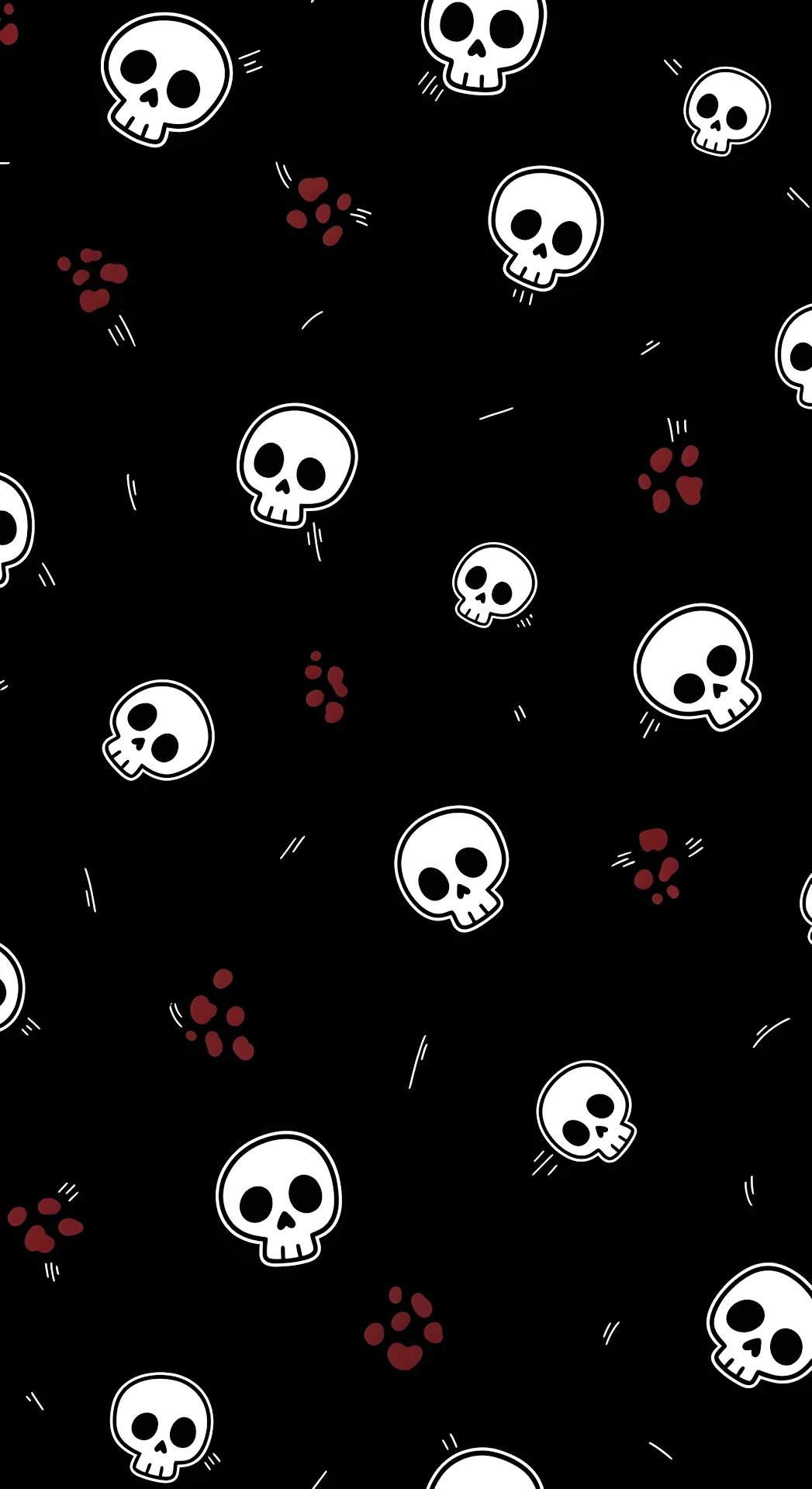 Minimalist Seamless Pattern of Scattered Cartoon Skulls on a Black Background - Free 4K mobile Wallpaper