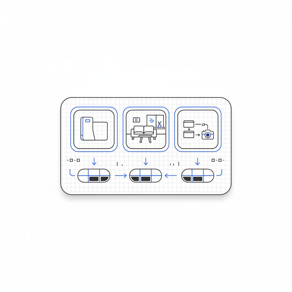 Minimal 2D vector notebook page with three video thumbnails (product close-up, lifestyle-in-context, how-it's-made) with budget blocks and arrows, instagram ads small business