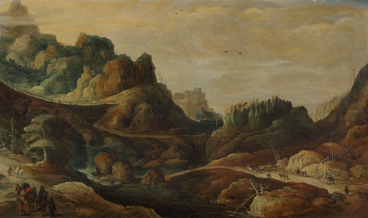 A mountainous landscape with travellers on paths along a riverbank