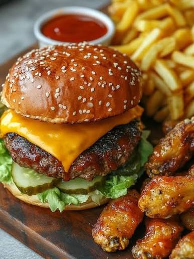 Cheesy Classic Burger, Grilled Wings & Fries