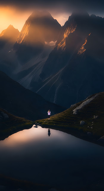 Epic Fantasy View of a Solitary Figure by a Dark Alpine Lake with Towering, Sunlit Peaks at Dawn - Free mobile Wallpaper