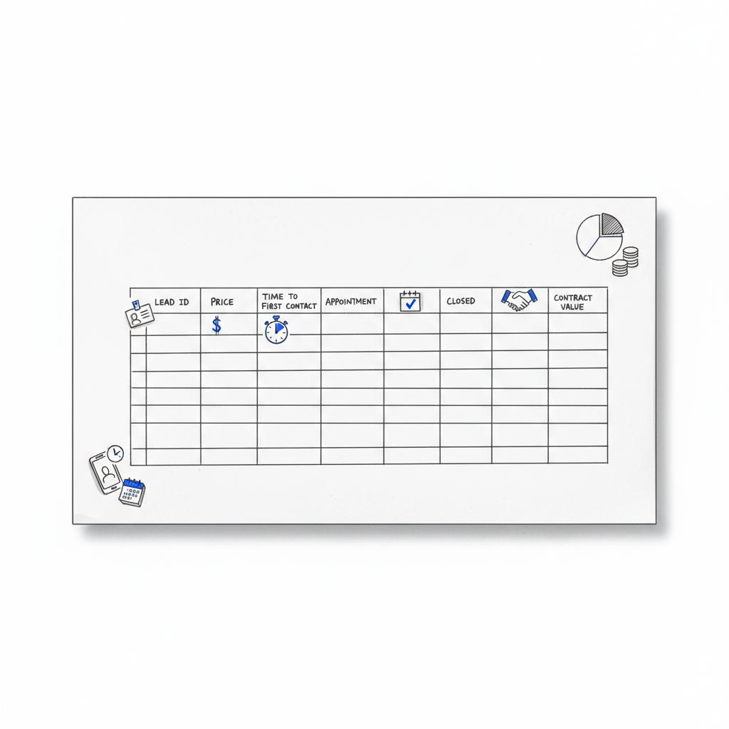 Is Angi lead worth it for contractors? Notebook-style pilot-tracking spreadsheet sketch with icon-based columns for lead, price, contact time, appointment, show, closed, contract value
