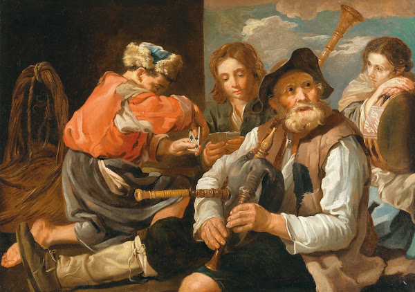 Young Men Playing Cards And A Bagpipe Player Allegory Of Hearing And Sight
