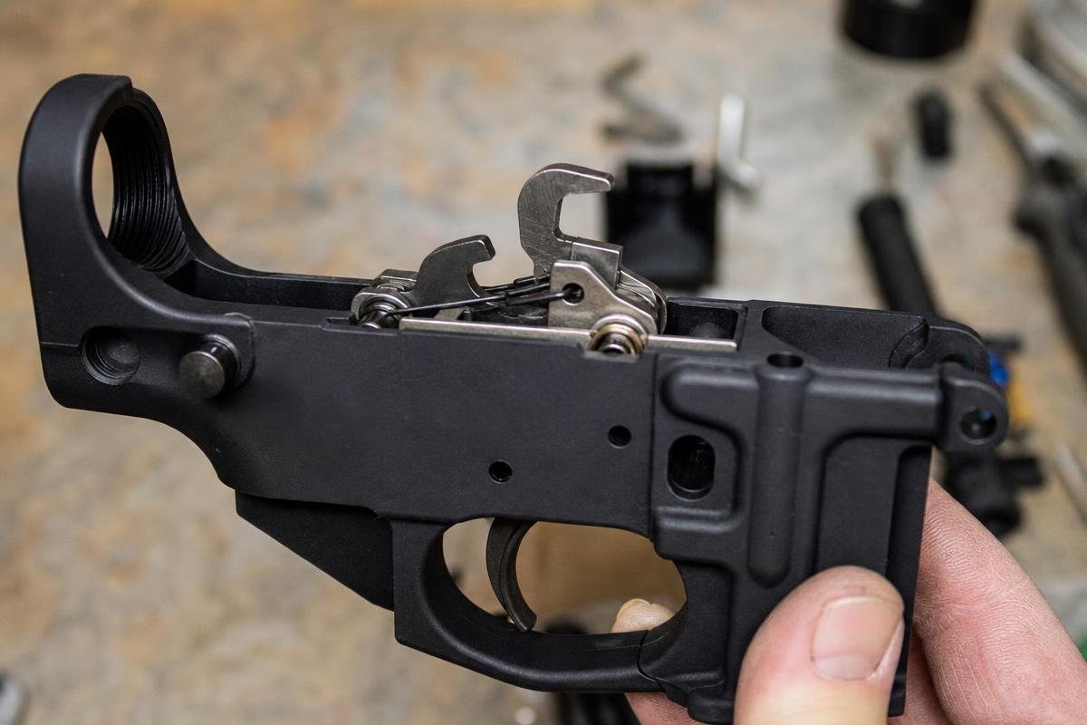 Geissele drop-in trigger cassette pinned into an AR-15 lower ready for range use