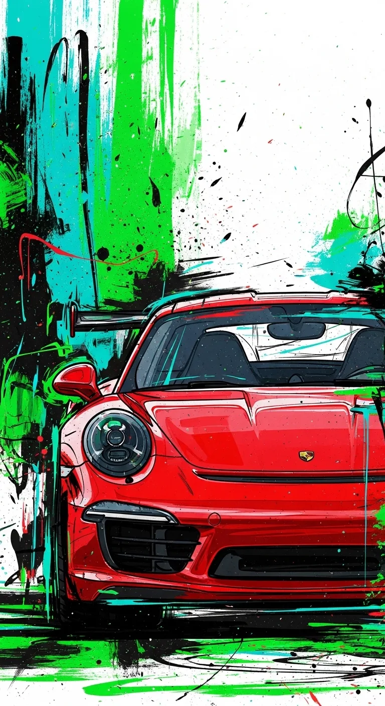 Vibrant Abstract Pop Art Painting of a Red Sports Car with Green and Black Splatters - Free 4K mobile Wallpaper