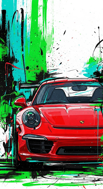 Vibrant Abstract Pop Art Painting of a Red Sports Car with Green and Black Splatters - Free mobile Wallpaper