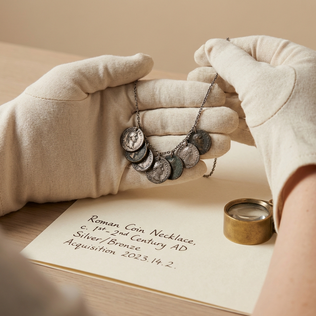 Curator wearing linen gloves holds an ancient roman coin necklace over a documentation sheet with provenance notes and a small magnifying loupe on a beige background