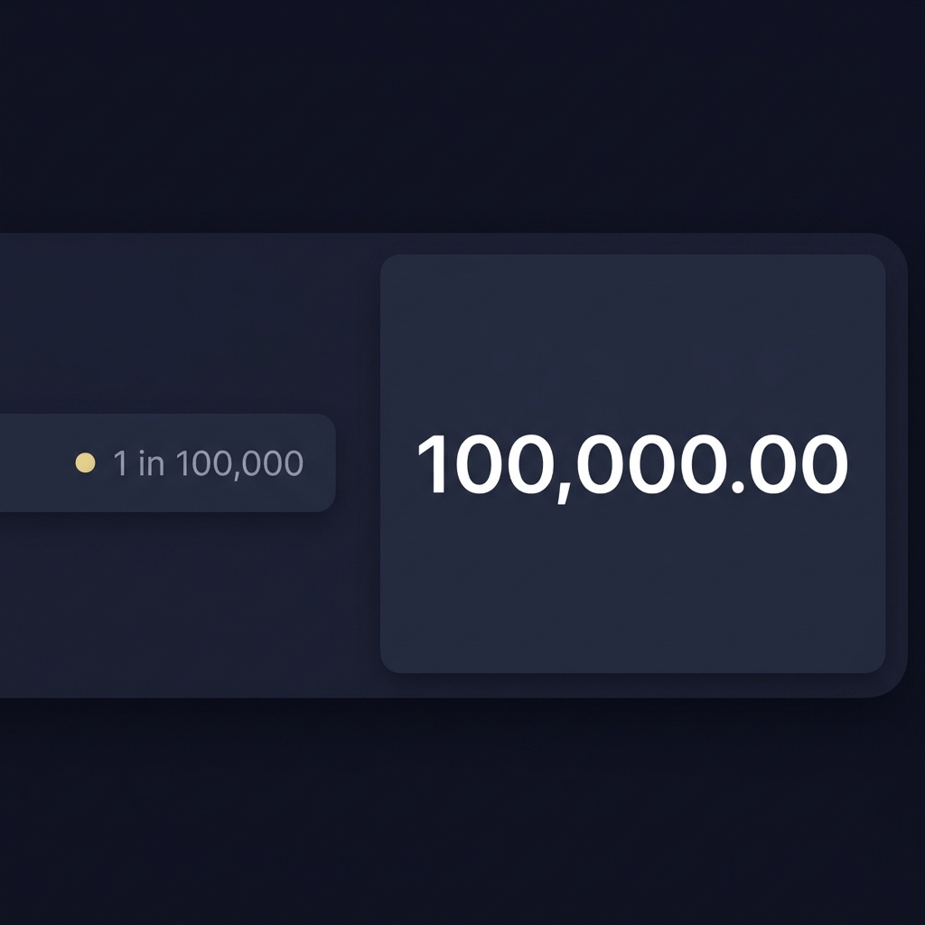 Close up minimalist Funded Plays style UI showing converter row 1 in 100,000 and a prominent large decimal 100,000.00 on a dark background with pale gold accents aceodds odds converter