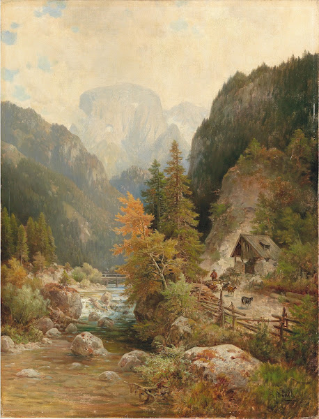 Hirten und Herde am Weg bei einem Wildbach