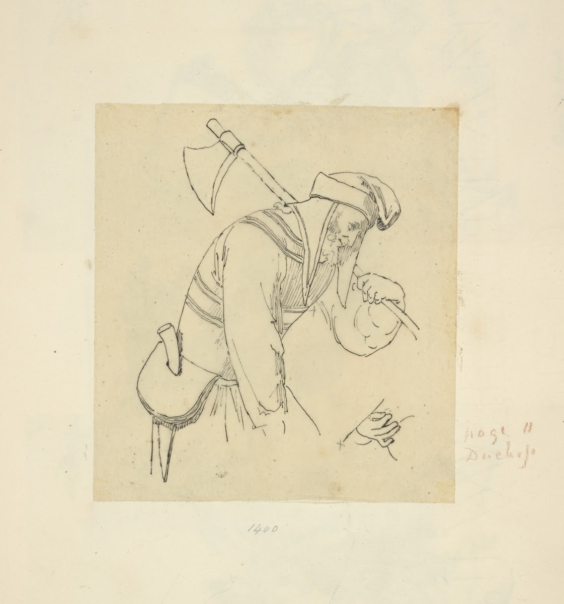 Man wearing bonnet with ax and knife sheathed within purse attached to his belt