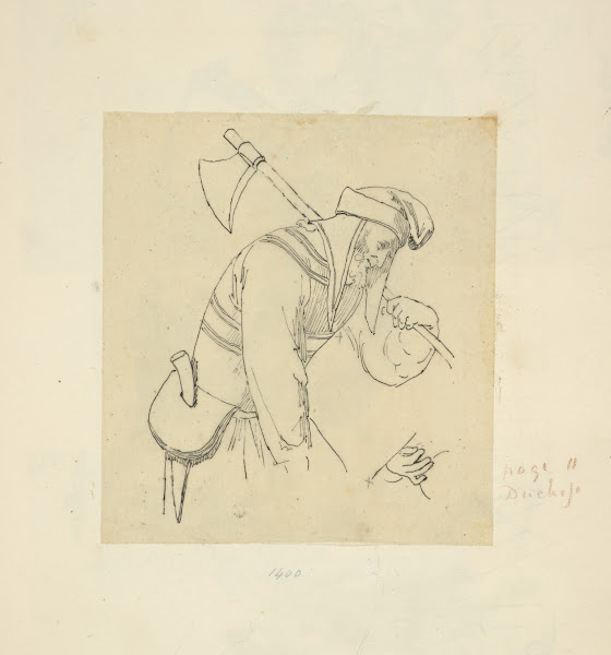 Man wearing bonnet with ax and knife sheathed within purse attached to his belt
