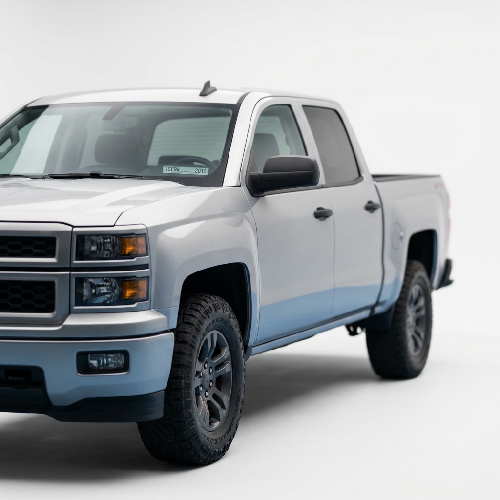 Close three quarter view of a mid 2010s Silverado on white background showing body lines tires and VIN plate detail used chevy silverado for sale